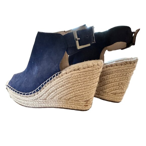 🍒 2/$20 🍒 Navy Blue Suede Open Toe Wedges with Buckle Closure sz 6.5 - Picture 4 of 6